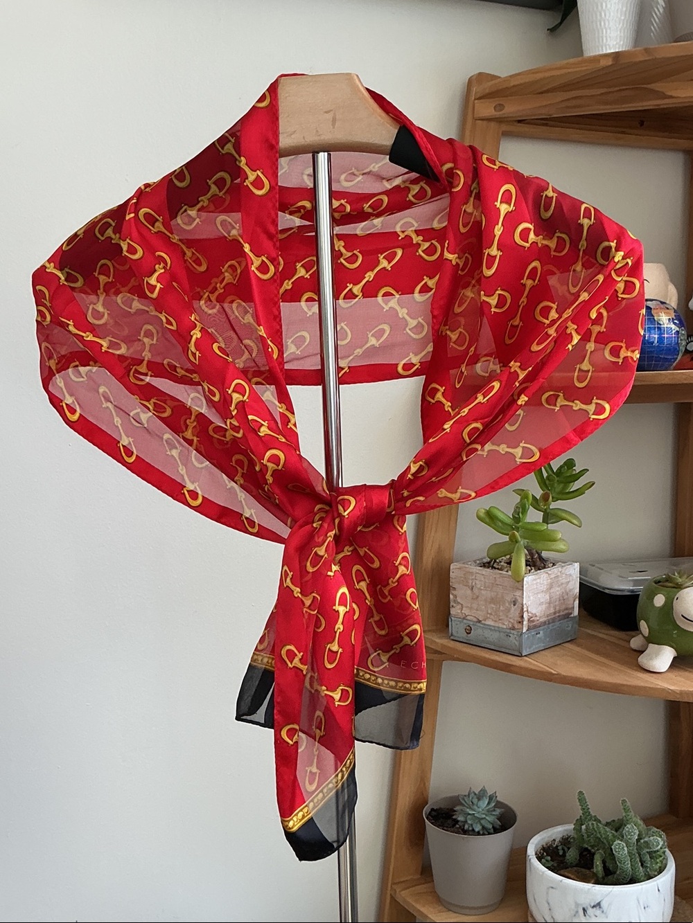Vintage Echo Red Sheer Scarf with Gold Chain Print